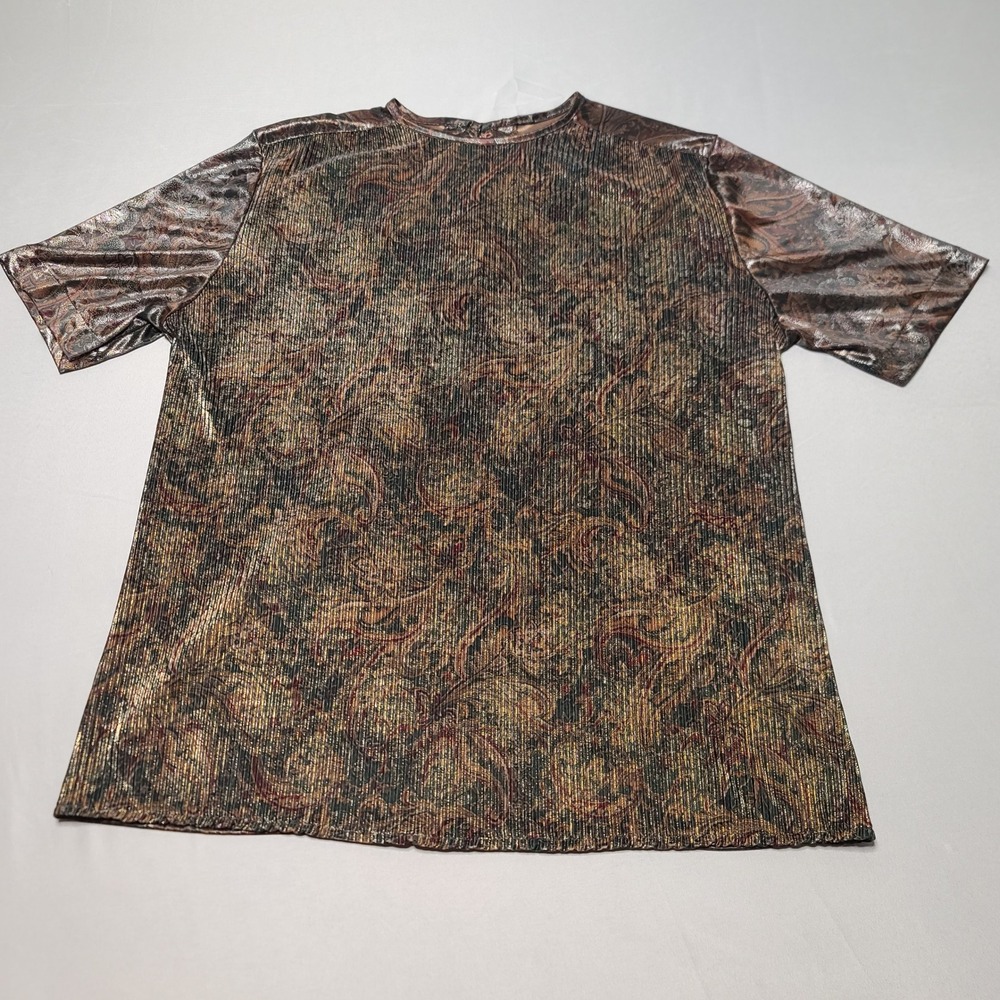 Paisley Pleated Metallic Blouse Womens L Bronze Gold Short Sleeve Top Glam - Picture 2 of 7